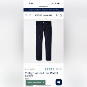 Brand New w Tags Peter Millar Men's Vintage Washed Denim Jeans